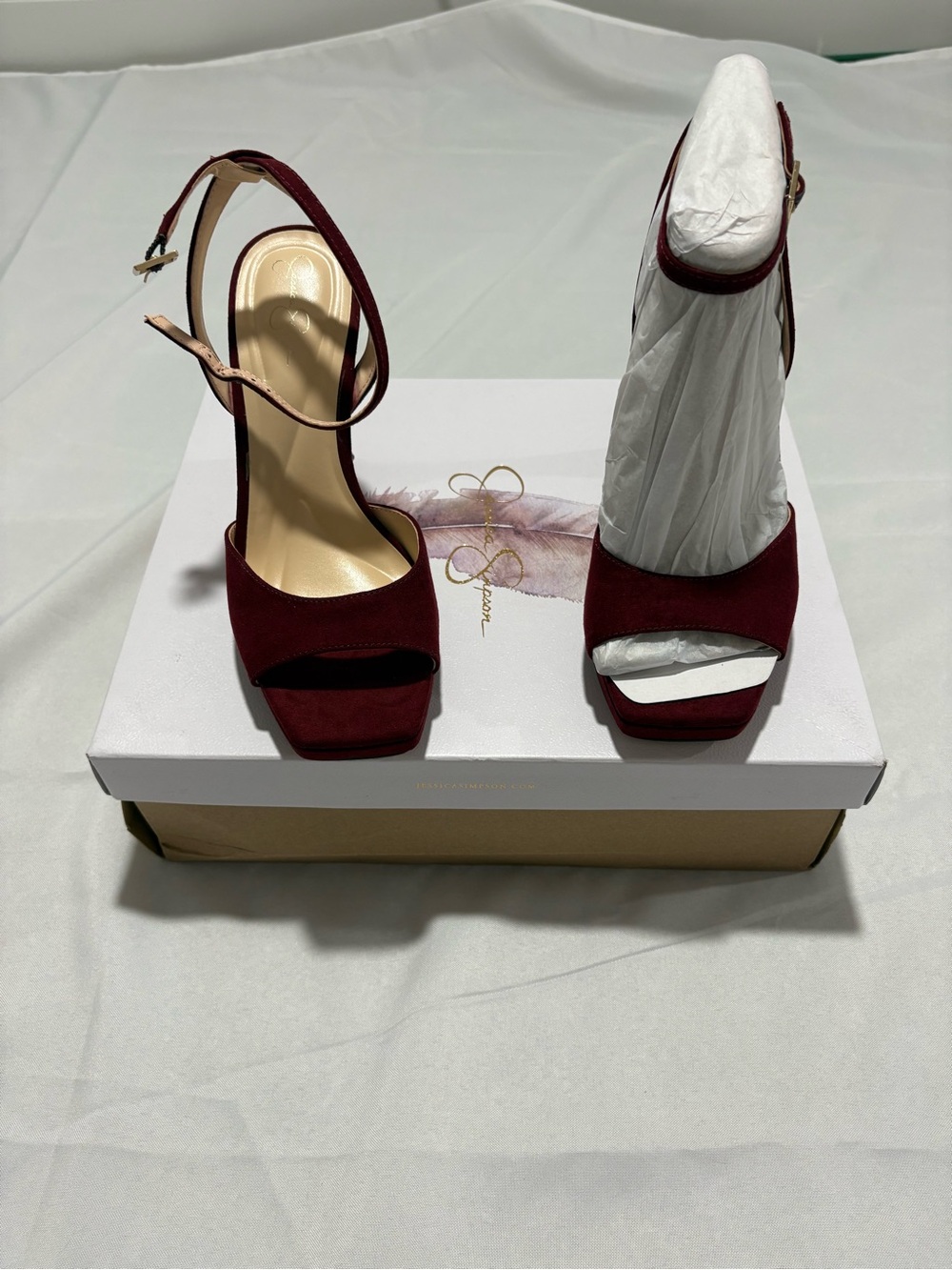 Jessica Simpson Wine Red Suede Platform Ankle Strap Heels - Picture 2 of 3